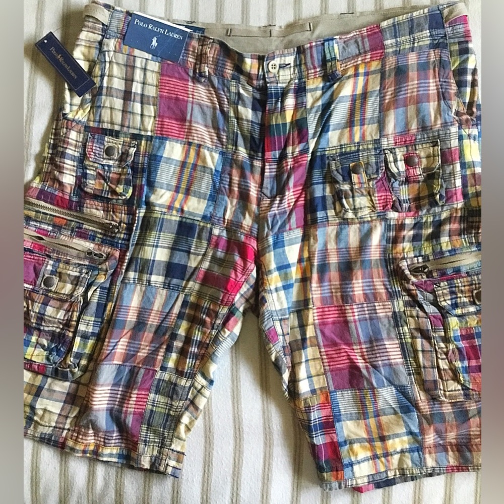42-Polo Ralph Lauren Madras Patchwork Plaid Cargo Shorts
